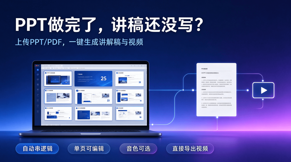 PPT做完了，讲稿还没写？上传一键生成讲解稿+视频